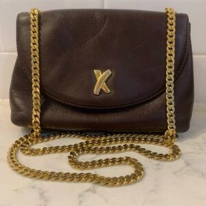 PALOMA PICASSO Classic Brown Leather Gold Tone Chain  Embossed Signature Purse